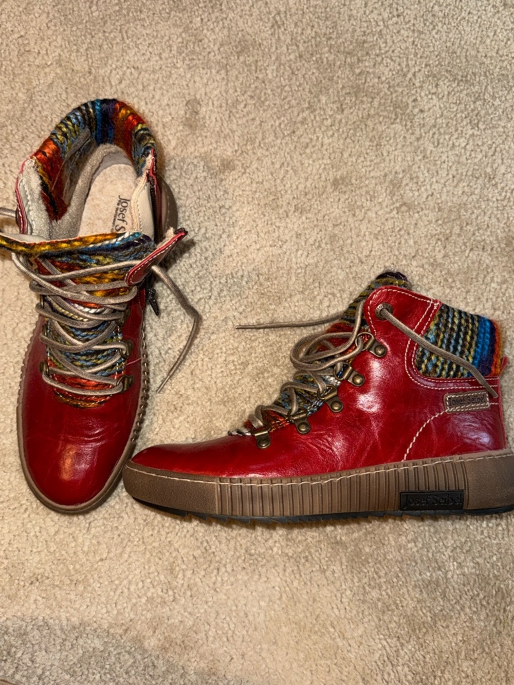 Josef Seibel Red Leather Lace-Up Hiker Sneakers with Multicolor Knit Collar